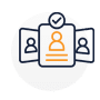 An icon showing a selected profile document with a checkmark, centered between two other profiles. It represents a successful vetting process and finding the right fit.