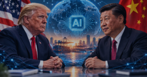 Donald Trump and Xi Jinping facing each other with an AI globe and digital technology network between them, representing US–China technology and business relations